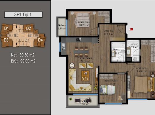 Жилой комплекс с просторными апартаментами 2+1 и 3+1 в Тедже, Мерсин  - Фото 13